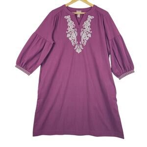 Chico's Embellished Embroidered V Neck Shift Casual MIDI Dress Size 3 (XL 16)